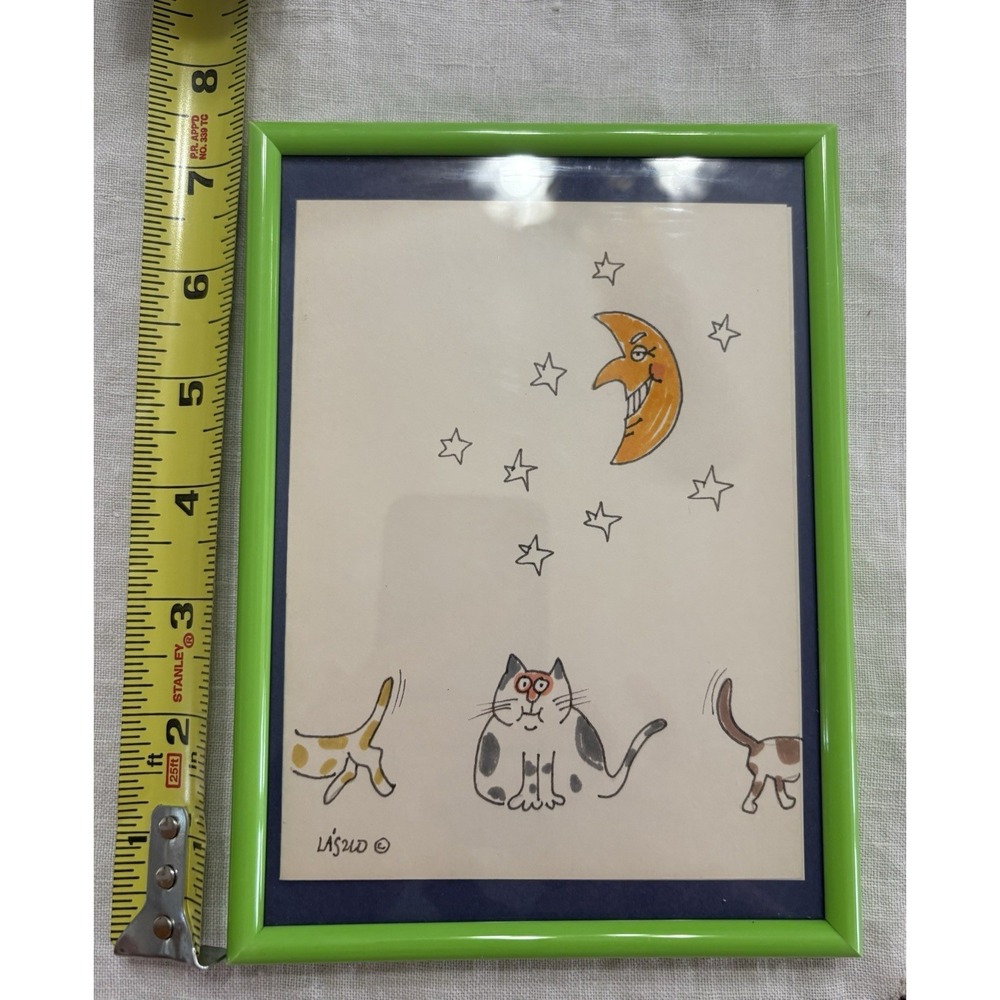 Cat Drawing - Signed Laszlo - Cat, Moon, Stars - Standing Or Hanging Frame‎ - Picture 5 of 6